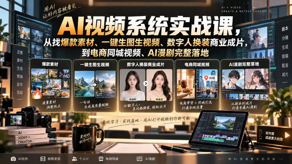 AI视频系统实战课，从找爆款素材、一键生图生视频、数字人换装商业成片，到电商同城视频、AI漫剧完整落地-一起筹课网