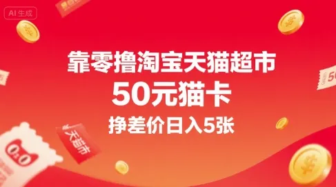 靠零撸淘宝天猫超市50元猫卡，挣差价日入5张-一起筹课网