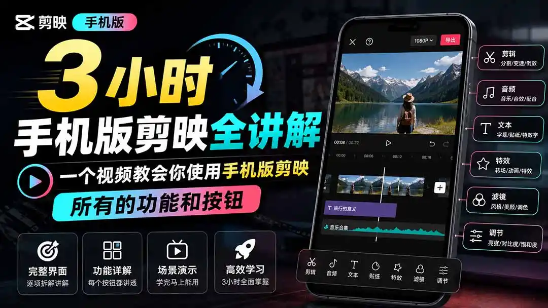 3小时手机版剪映全讲解，一个视频教会你使用手机版剪映，所有的功能和按钮-一起筹课网