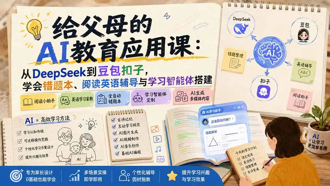 给父母的AI教育应用课：从DeepSeek到豆包扣子，学会错题本、阅读英语辅导与学习智能体搭建-一起筹课网
