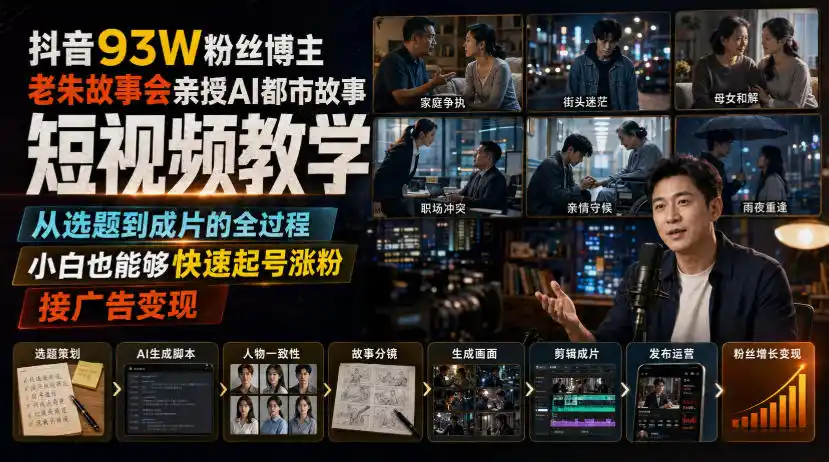 抖音93W粉丝博主老朱故事会亲授AI都市故事短视频教学，从选题到成片的全过程，小白也能够快速起号涨粉接广告变现-一起筹课网