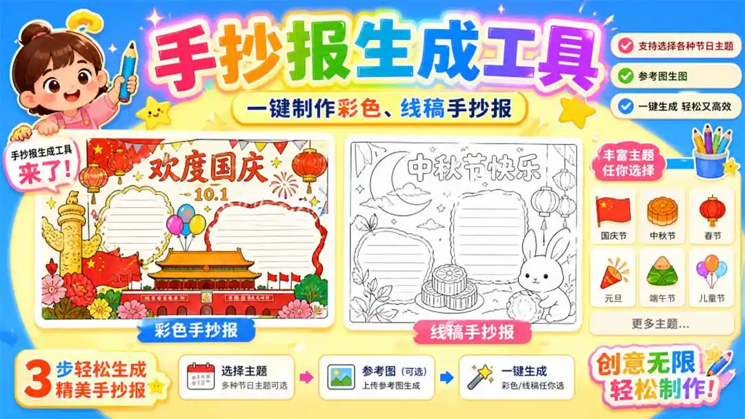 手抄报批量生成工具来了，完全免费，告别豆包生图，这个高清无水印-一起筹课网