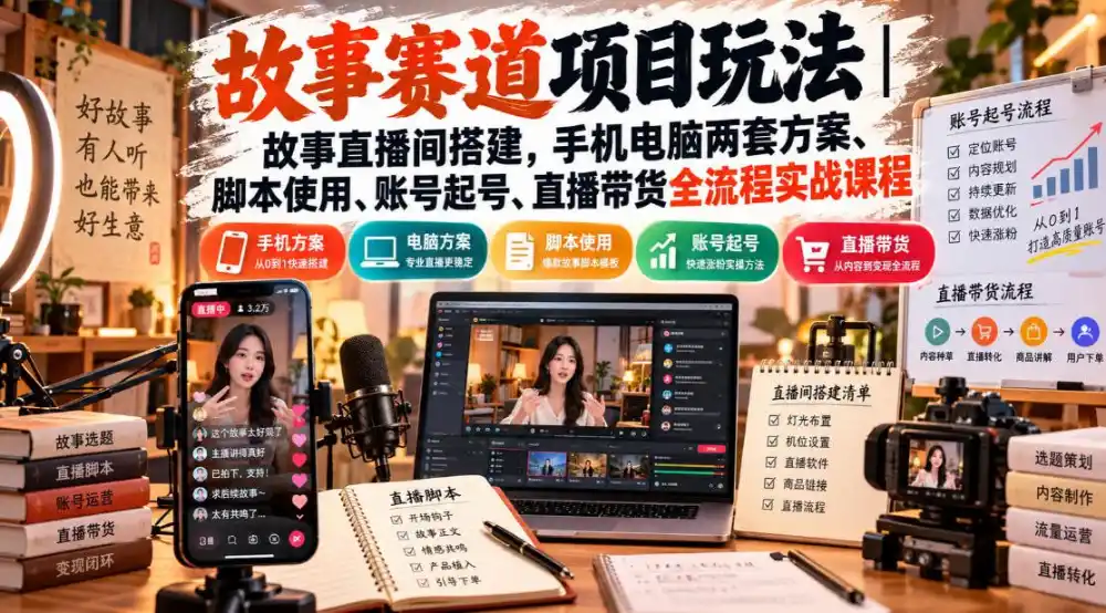 故事赛道项目玩法｜故事直播间搭建，手机电脑两套方案、脚本使用、账号起号、直播带货全流程实战课程-一起筹课网