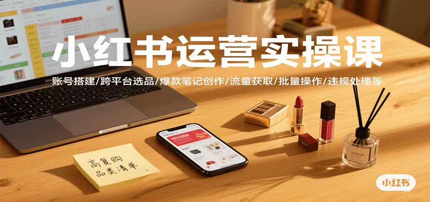 小红书运营实操课，账号搭建/跨平台选品/爆款笔记创作/流量获取/批量操作/违规处理等-一起筹课网