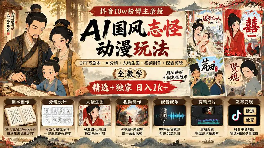 抖音10w粉博主亲授AI国风志怪动漫玩法｜GPT写剧本+AI分镜+人物生图+视频制作+配音剪辑全教学｜精选+独家日入1k+-一起筹课网