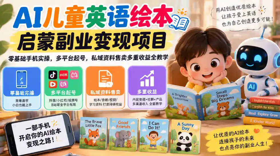 AI儿童英语绘本启蒙副业变现项目,零基础手机实操,多平台起号,私域资料售卖多重收益全教学-一起筹课网