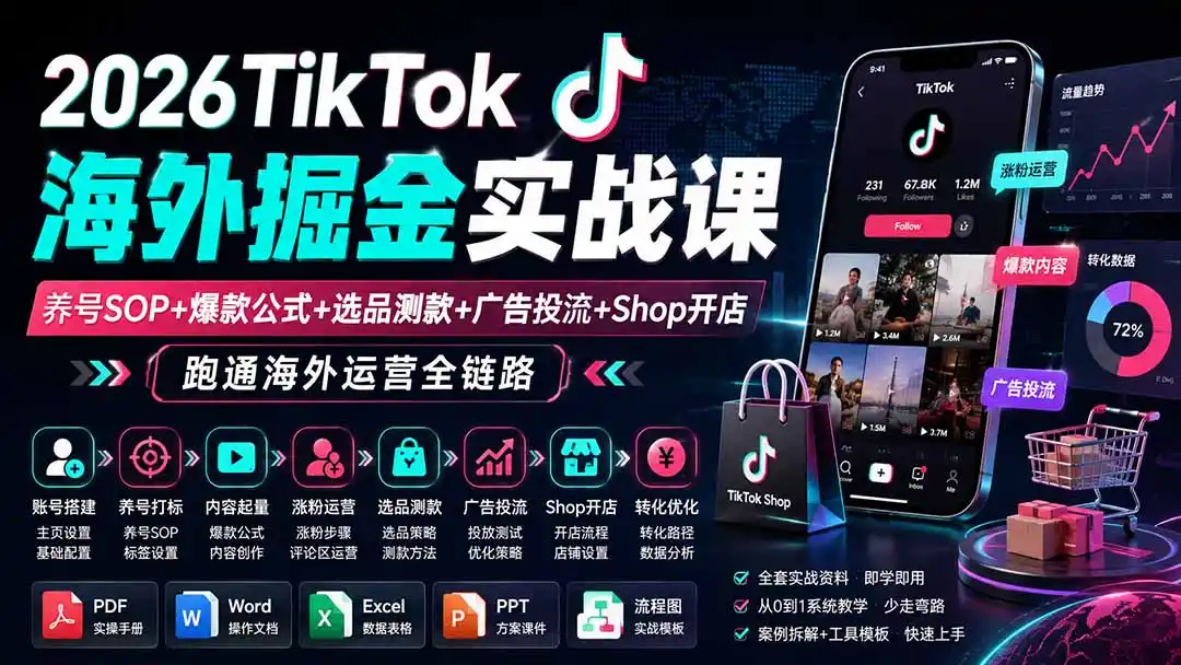 2026TikTok海外掘金实战课——养号SOP+爆款公式+选品测款+广告投流+Shop开店，跑通海外运营全链路-一起筹课网