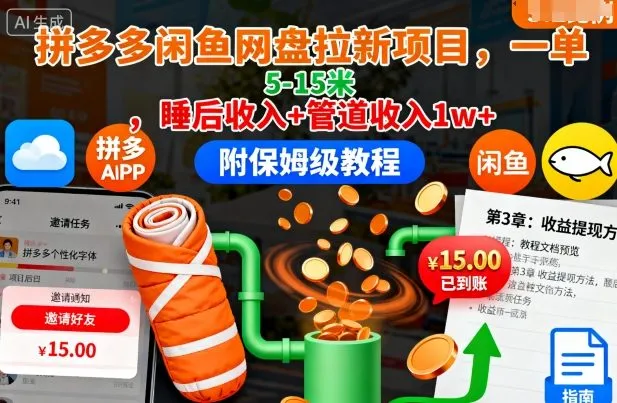 拼多多闲鱼网盘拉新项目,一单5-15米,睡后收入+管道收入1w+(附保姆级教程)