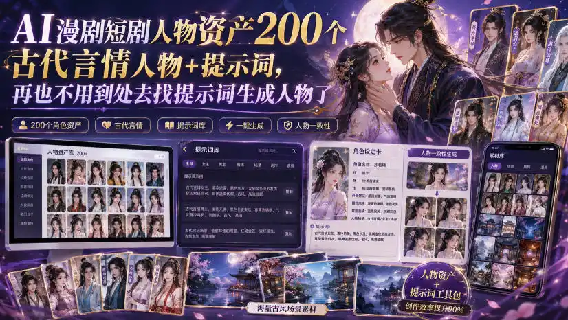 AI漫剧短剧人物资产200个古代言情人物+提示词，再也不用到处去找提示词生成人物了-一起筹课网