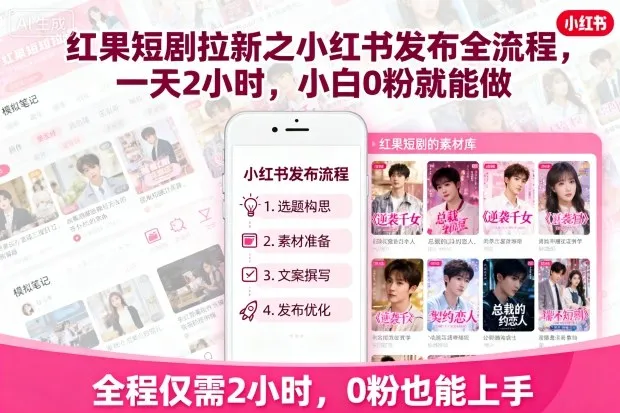 红果短剧拉新之小红书发布全流程,一天2小时,小白0粉就能做