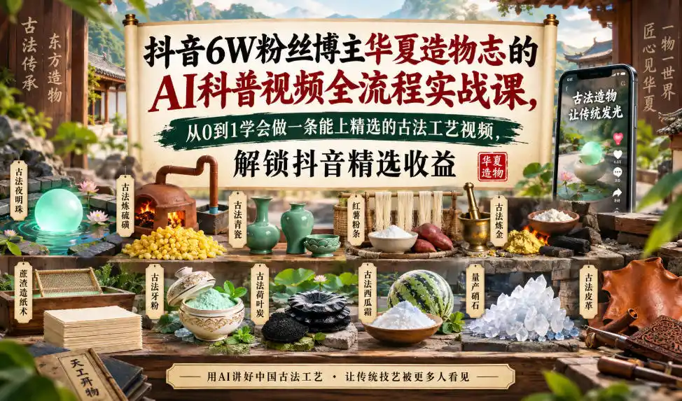 抖音6W粉丝博主华夏造物志的AI科普视频全流程实战课，从0到1学会做一条能上精选的古法工艺视频，解锁抖音精选收益-一起筹课网