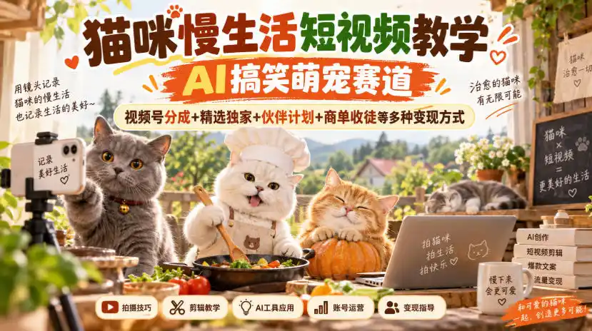 猫咪慢生活短视频教学，AI搞笑萌宠赛道，视频号分成+精选独家+伙伴计划+商单收徒等多种变现方式-一起筹课网