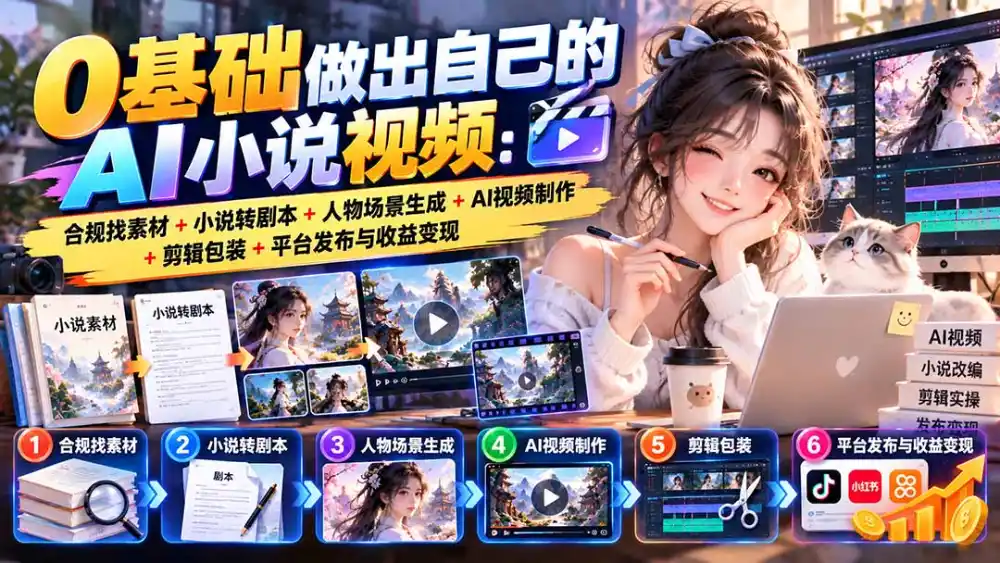 0基础做出自己的AI小说视频：合规找素材+小说转剧本+人物场景生成+AI视频制作+剪辑包装+平台发布与收益变现-一起筹课网
