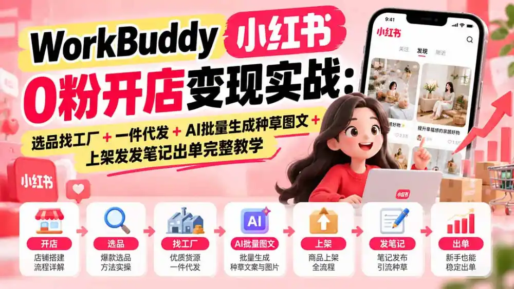WorkBuddy小红书0粉开店变现实战:选品找工厂+一件代发+AI批量生成种草图文+上架发发笔记出单完整教学-一起筹课网
