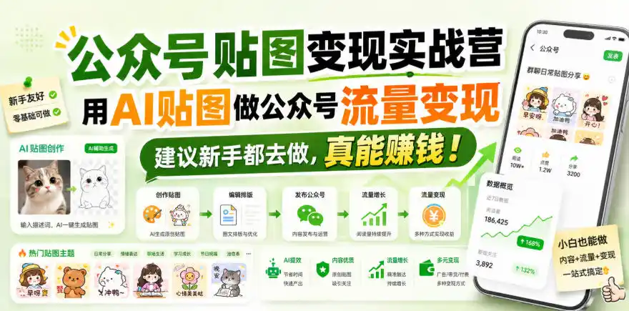 公众号贴图变现实战营，用AI贴图做公众号流量变现，建议新手都去做，真能賺钱！-一起筹课网