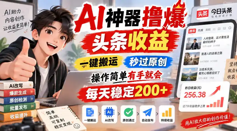 AI神器撸爆头条收益，一键搬运，秒过原创，操作简单有手就会，每天稳定200+【揭秘】-一起筹课网
