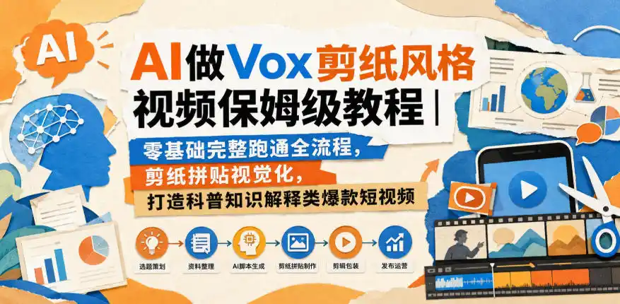AI做Vox剪纸风格视频保姆级教程|零基础完整跑通全流程,剪纸拼贴视觉化,打造科普知识解释类爆款短视频-一起筹课网