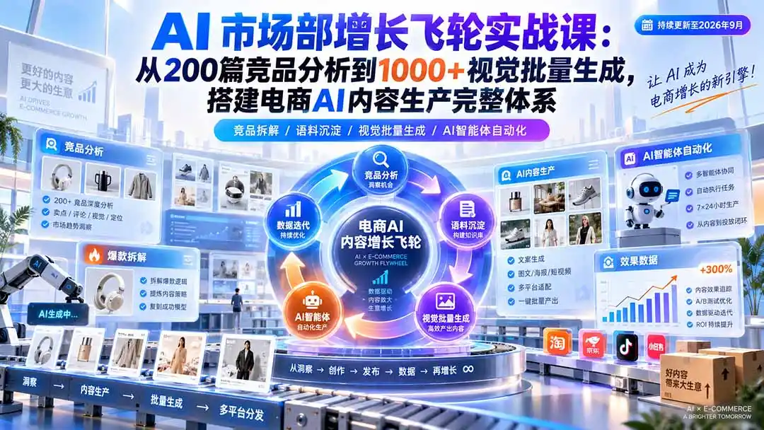 AI 市场部增长飞轮实战课：从200篇竞品分析到1000+视觉批量生成，搭建电商AI内容生产完整体系-一起筹课网