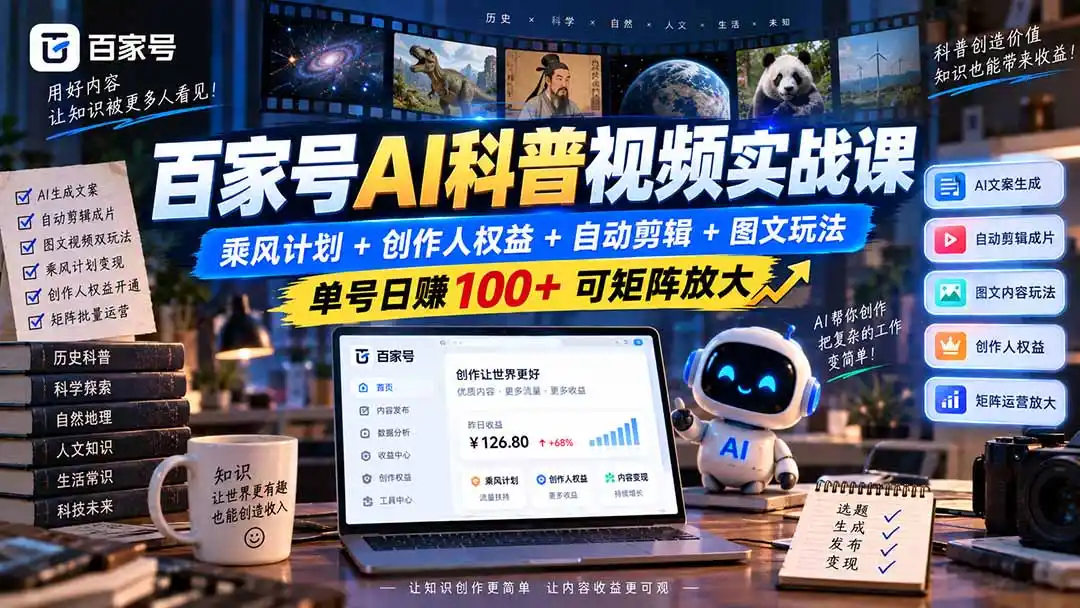 百家号AI科普视频实战课：乘风计划+创作人权益+自动剪辑+图文玩法，单号日赚100+可矩阵放大-一起筹课网