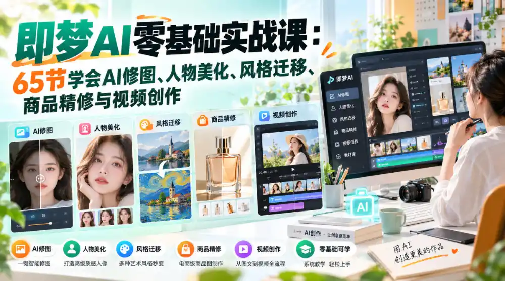 即梦AI零基础实战课：65节学会AI修图、人物美化、风格迁移、商品精修与视频创作-一起筹课网