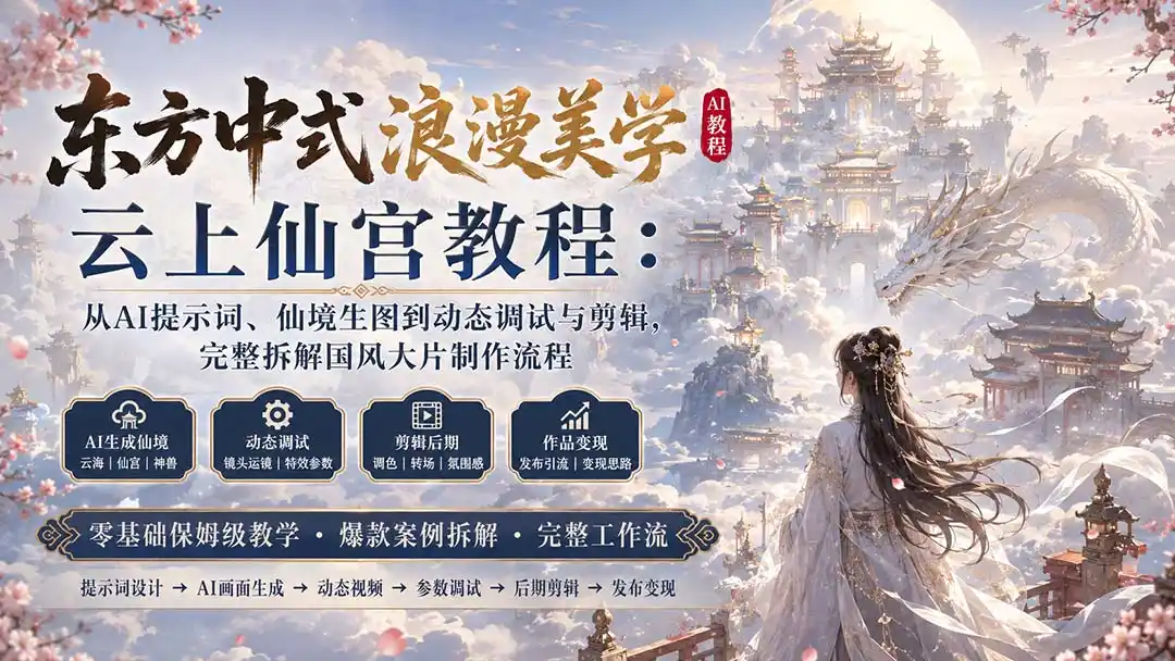 东方中式浪漫美学云上仙宫教程：从AI提示词、仙境生图到动态调试与剪辑，完整拆解国风大片制作流程-一起筹课网