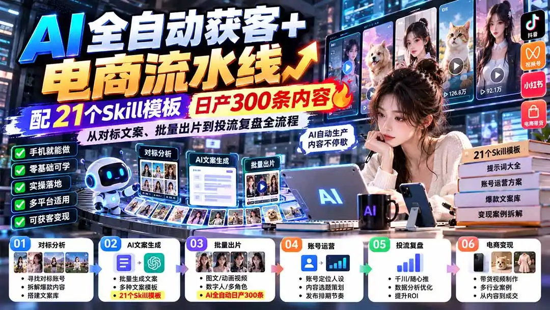 【无水印】AI全自动获客+电商流水线：配21个Skill模板，日产300条内容，从对标文案、批量出片到投流复盘全流程-一起筹课网