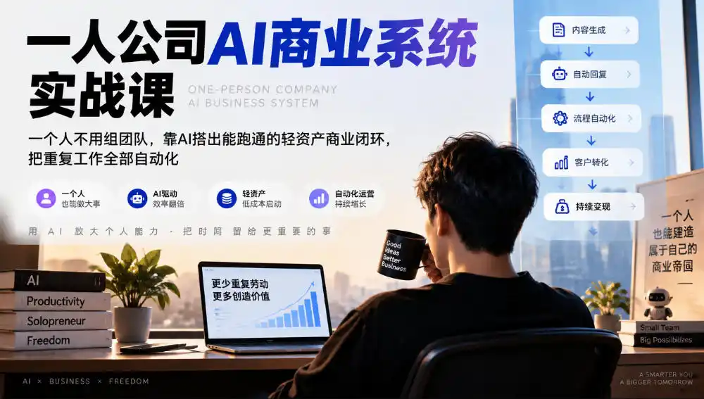 一人公司AI商业系统实战课,一个人不用组团队,靠AI搭出能跑通的轻资产商业闭环,把重复工作全部自动化-一起筹课网