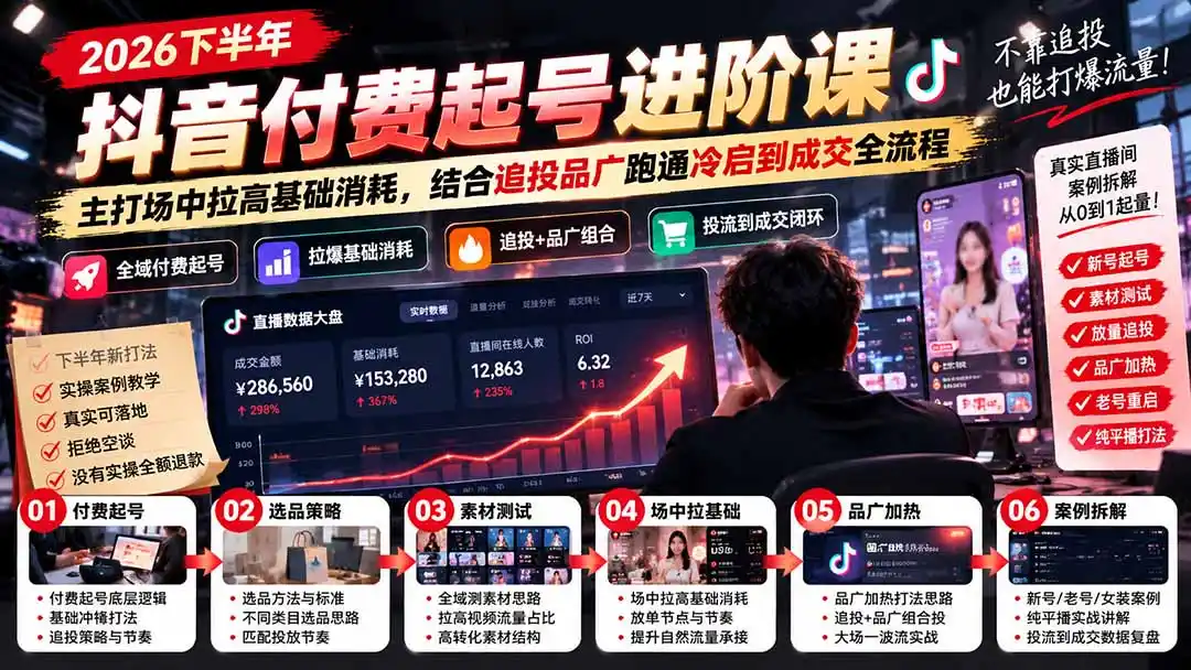 2026下半年抖音付费起号进阶课：主打场中拉高基础消耗，结合追投品广跑通冷启到成交全流程-一起筹课网