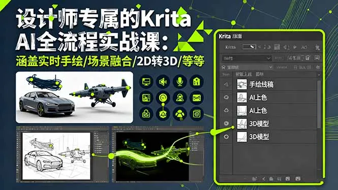 设计师专属的Krita AI全流程实战课:涵盖实时手绘/场景融合/2D转3D/等等-一起筹课网