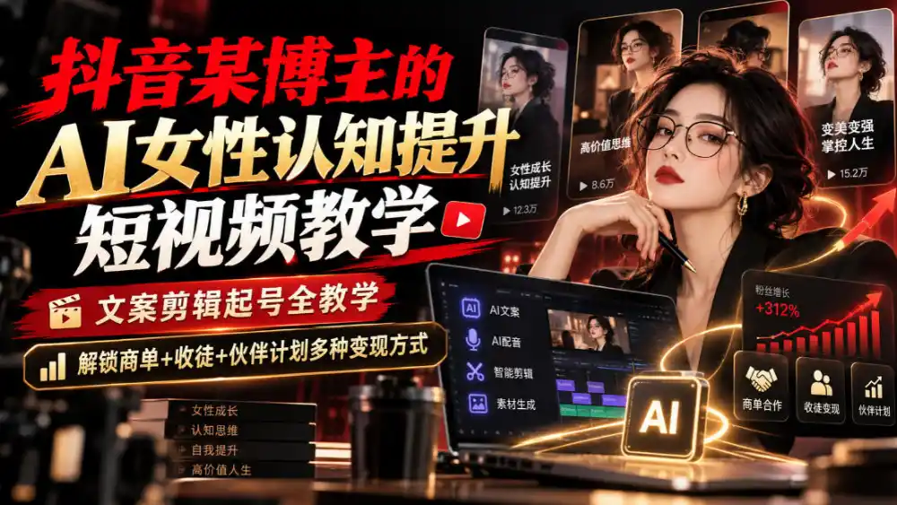 抖音某博主的Ai女性认知提升短视频教学，文案剪辑起号全教学，解锁商单+收徒+伙伴计划多种变现方式-一起筹课网