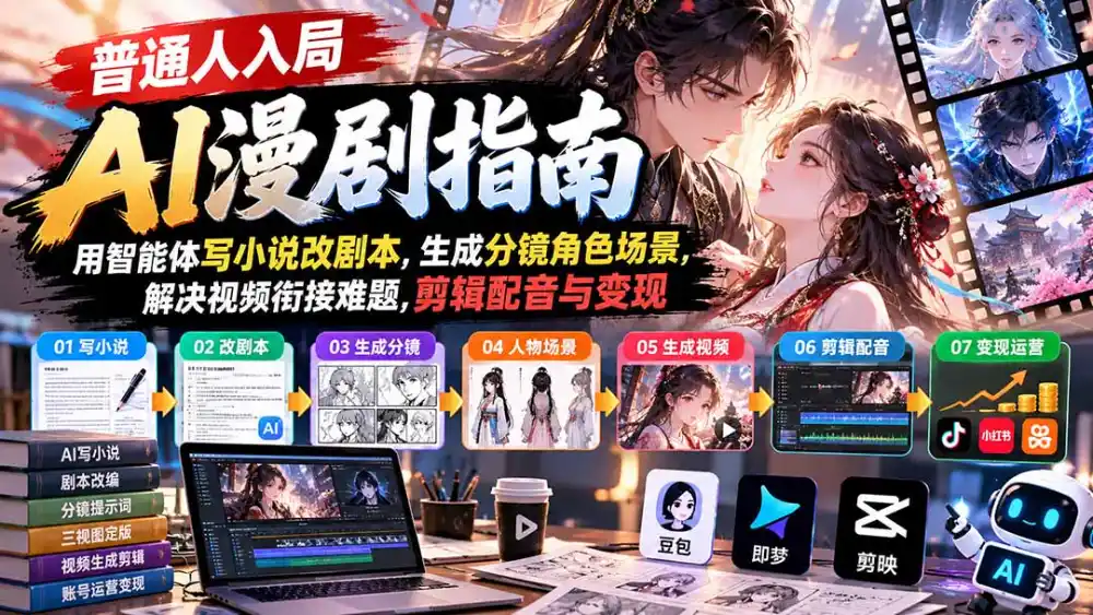 【无水印】普通人入局AI漫剧指南：用智能体写小说改剧本，生成分镜角色场景，解决视频衔接难题，剪辑配音与变现-一起筹课网
