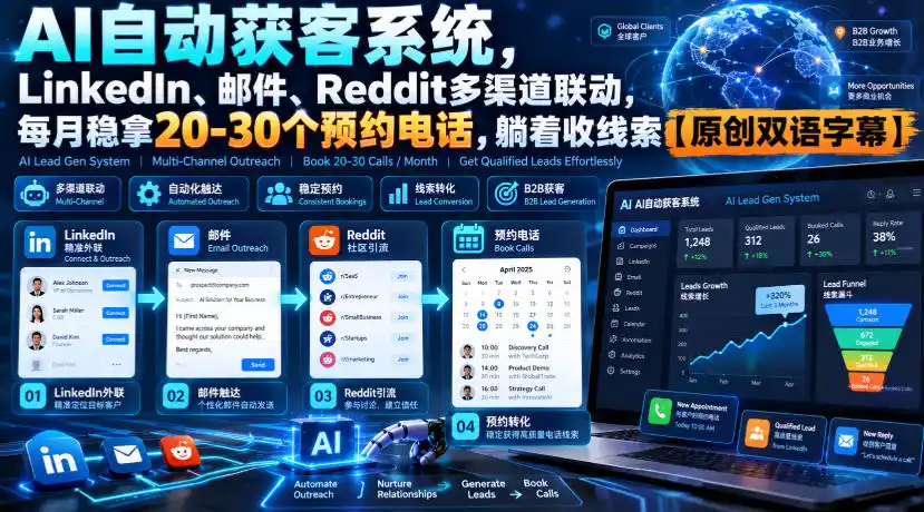 【无水印】AI自动获客系统，LinkedIn、邮件、Reddit多渠道联动，每月稳拿20-30个预约电话，躺着收线索【原创双语字幕】-一起筹课网
