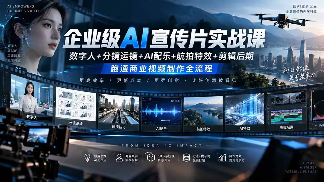 企业级AI宣传片实战课｜数字人+分镜运镜+AI配乐+航拍特效+剪辑后期，跑通商业视频制作全流程-一起筹课网