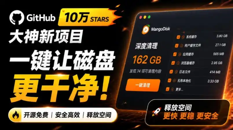 在Gtihub上做出10万stars的大神，又发布新项目了！一键让磁盘更干净，开源免费清理工具MangoDisk-一起筹课网