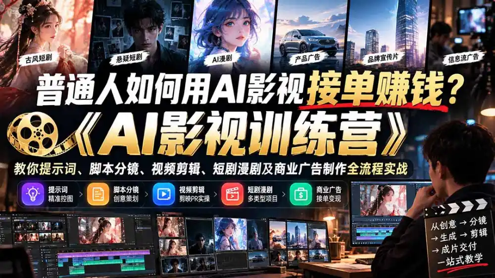 普通人如何用AI影视接单赚钱？《AI影视训练营》教你提示词、脚本分镜、视频剪辑、短剧漫剧及商业广告制作全流程实战-一起筹课网