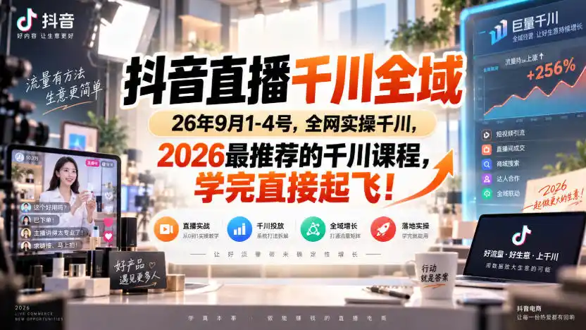 抖音直播千川全域26年9月1-4号，全网实操千川，2026最推荐的千川课程，学完直接起飞！-一起筹课网