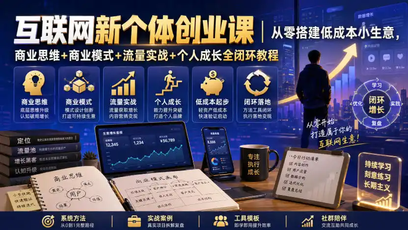 互联网新个体创业课｜从零搭建低成本小生意，商业思维+商业模式+流量实战+个人成长全闭环教程-一起筹课网
