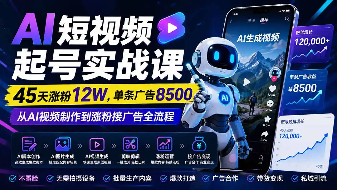 AI短视频起号实战课:45天涨粉12W,单条广告8500,从AI视频制作到涨粉接广告全流程-一起筹课网