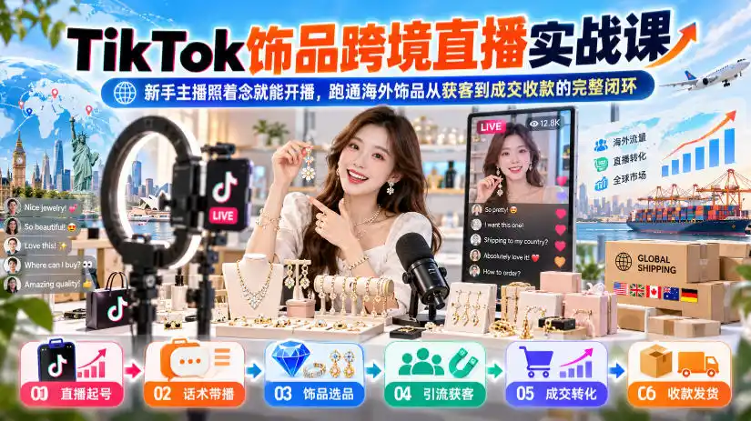 TikTok饰品跨境直播实战课,新手主播照着念就能开播,跑通海外饰品从获客到成交收款的完整闭环-一起筹课网
