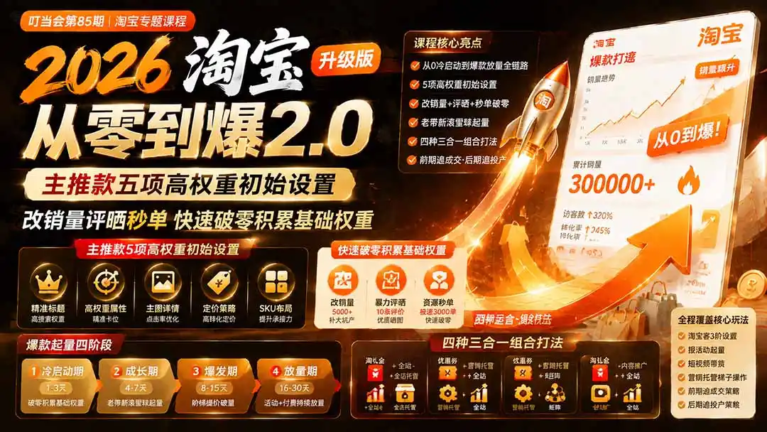2026淘宝从零到爆2.0第85期；主推款五项高权重初始设置，改销量评晒秒单快速破零积累基础权重-一起筹课网