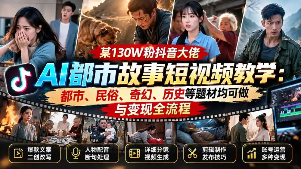 某130W粉抖音大佬AI都市故事短视频教学：都市、民俗、奇幻、历史等题材均可做与变现全流程-一起筹课网