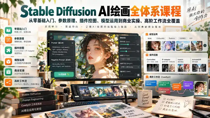 【无水印】Stable Diffusion AI绘画全体系课程，从零基础入门、参数原理、插件控图、模型运用到商业实操、高阶工作流全覆盖-一起筹课网