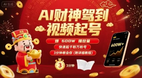 AI财神驾到视频起号，爆600W播放量，快速起千粉万粉号，3分钟教会你(附详细教程)-一起筹课网