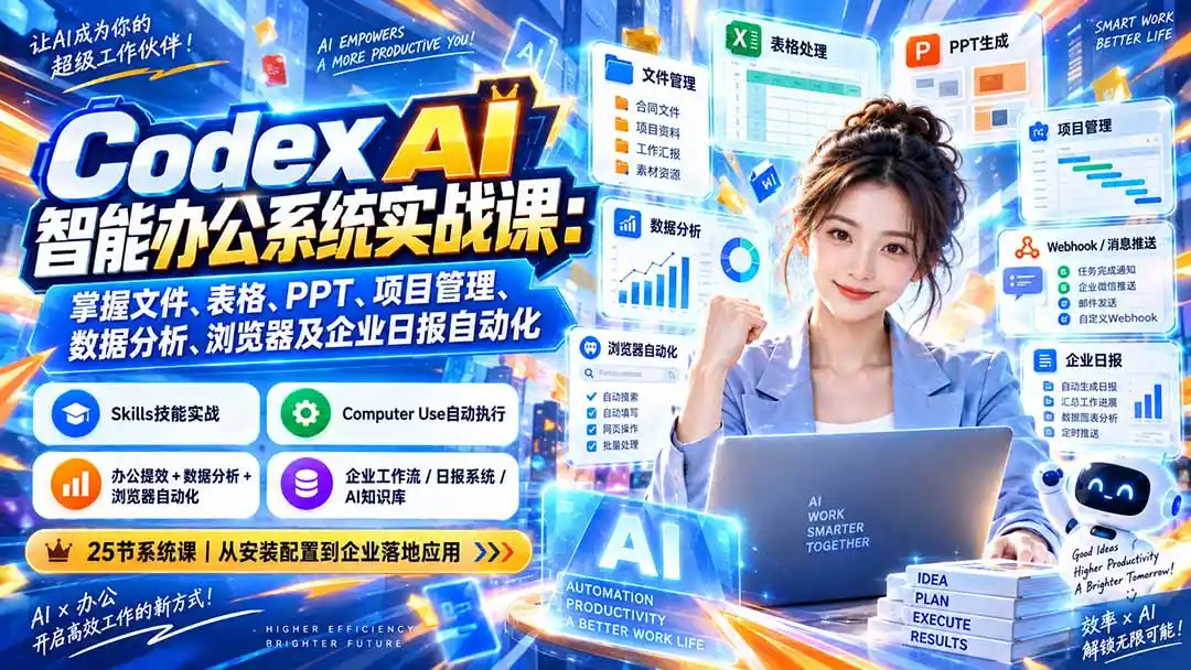 Codex AI智能办公系统实战课：掌握文件、表格、PPT、项目管理、数据分析、浏览器及企业日报自动化-一起筹课网