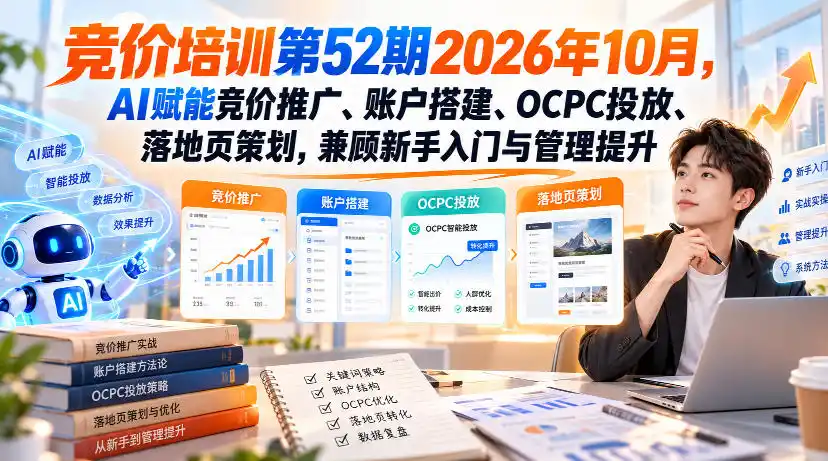 【无水印】竞价培训第52期2026年10月，AI赋能竞价推广、账户搭建、OCPC投放、落地页策划，兼顾新手入门与管理提升-一起筹课网