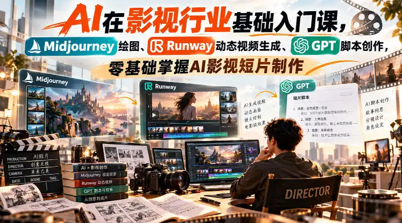 【无水印】AI在影视行业基础入门课，Midjourney绘图、Runway动态视频生成、GPT脚本创作，零基础掌握AI影视短片制作-一起筹课网