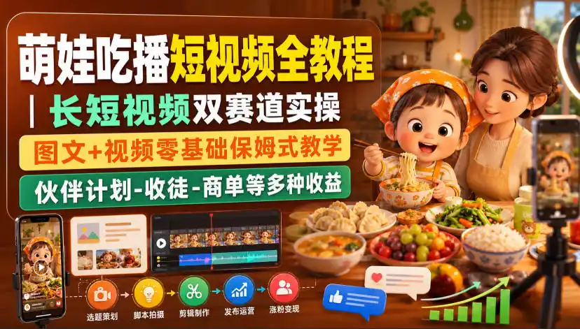 萌娃吃播短视频全教程｜长短视频双赛道实操，图文+视频零基础保姆式教学，伙伴计划-收徒-商单等多种变现方式-一起筹课网