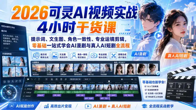 2026可灵AI视频实战4小时干货课｜提示词、文生图、角色一致性、专业运镜剪辑，零基础一站式学会AI漫剧与真人AI短剧全流程-一起筹课网