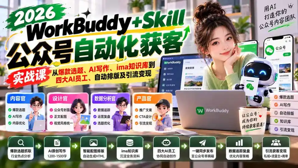 WorkBuddy + Skill公众号自动化获客实战课：从爆款选题、AI写作、ima知识库到四大AI员工、自动排版及引流变现-一起筹课网