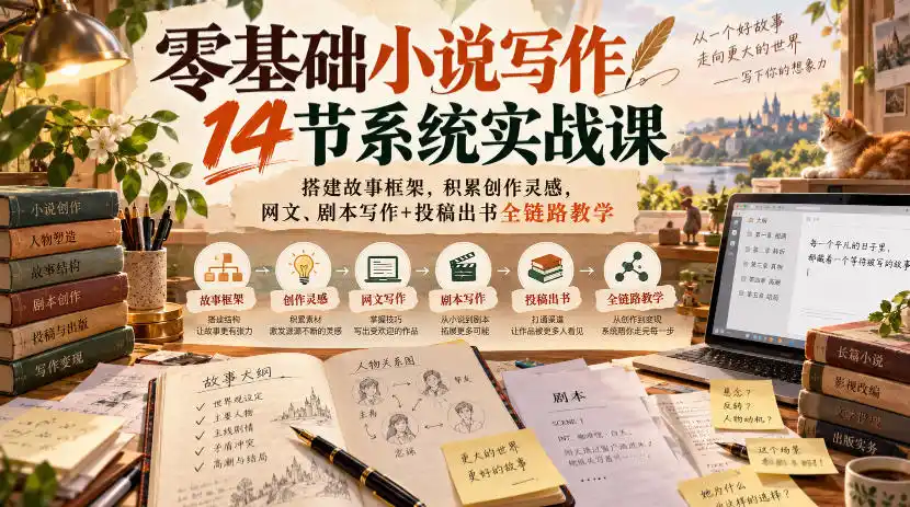 零基础小说写作14节系统实战课，搭建故事框架，积累创作灵感，网文、剧本写作+投稿出书全链路教学-一起筹课网